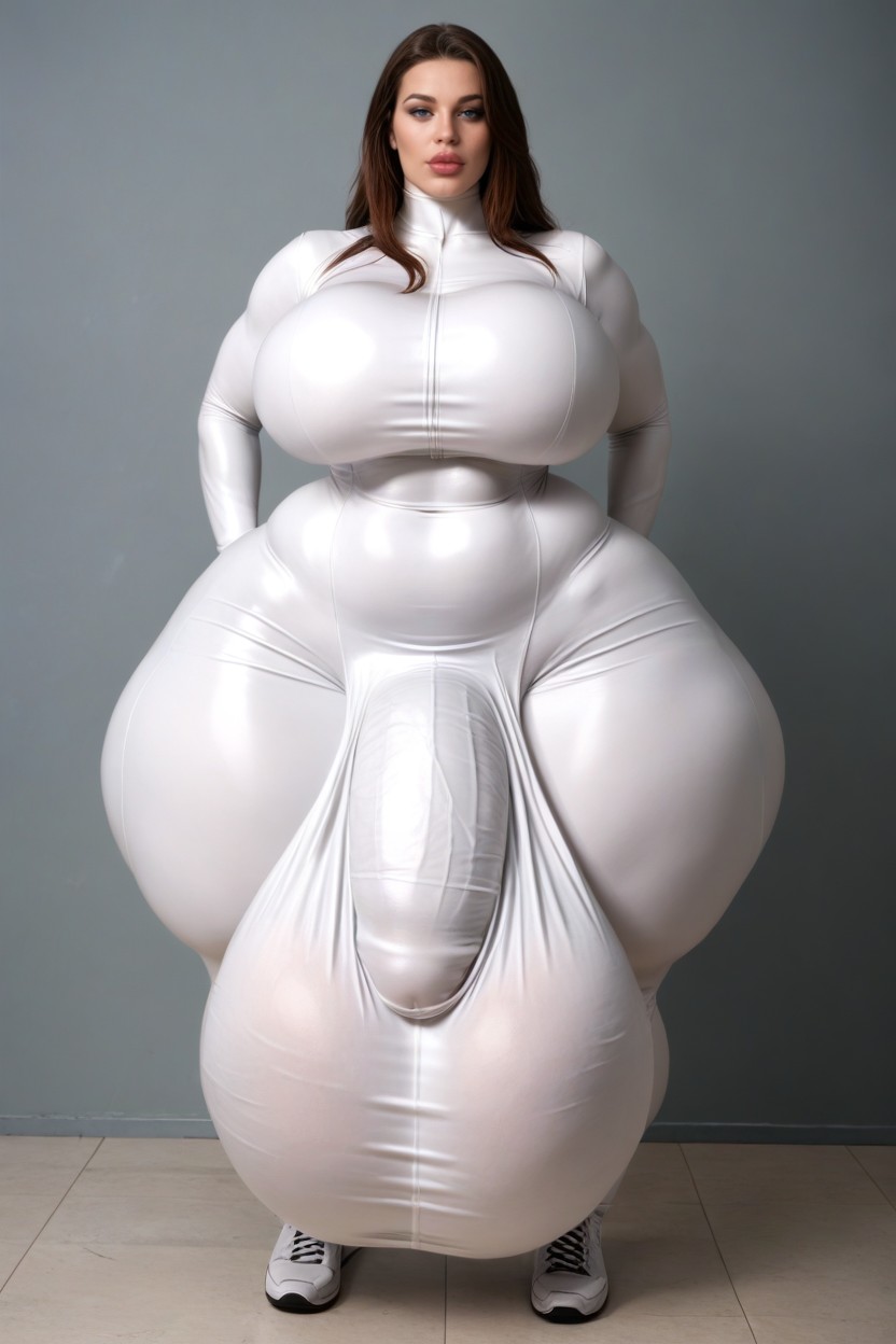 Hyper Ball Growth, Low Hanging Balls, Tight White Full Bodysuit Shemale AI Porn