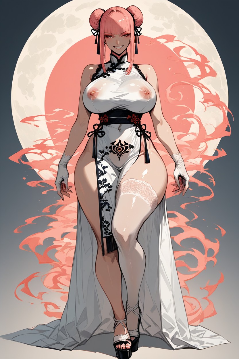 Battle Stance, Twin Buns Hair With Lace Ribbon, Hairy Armpits Hentai IA