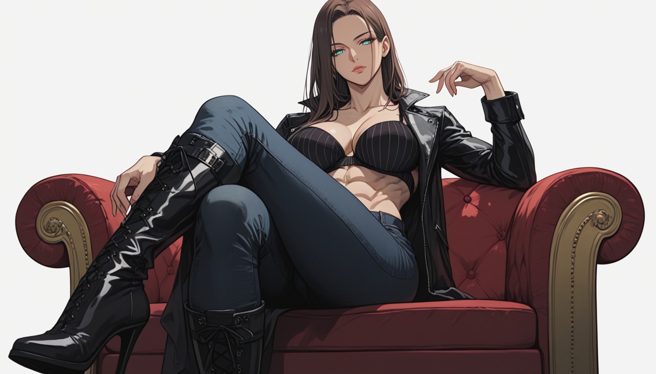 Muscular, Muscular, Black Leather Biker Jacket With White Fur Collar Hentai AI Porn