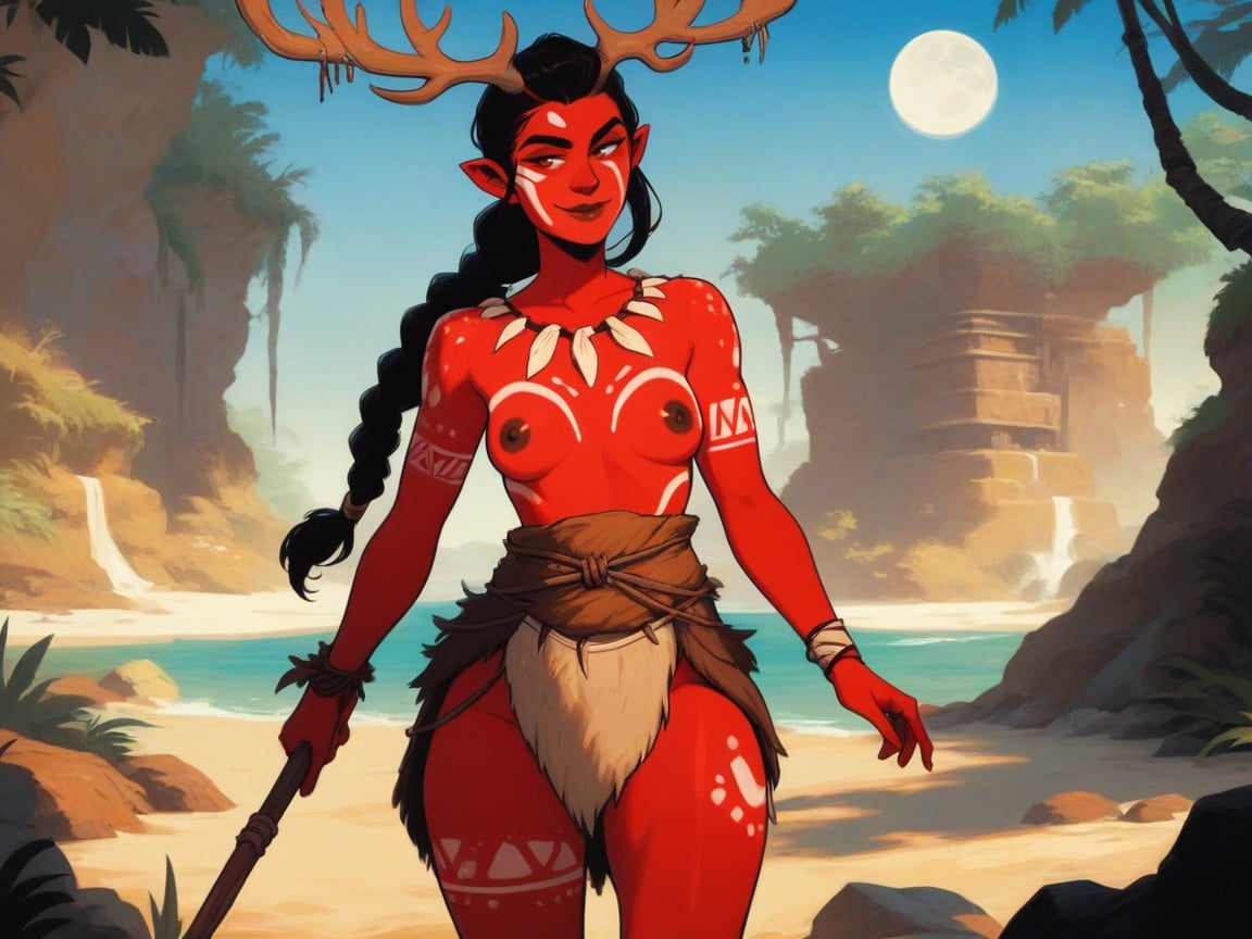 Orange Deer Face Paint, Driftwood In Background, Stag Antler Headdress Hentai AI Porn