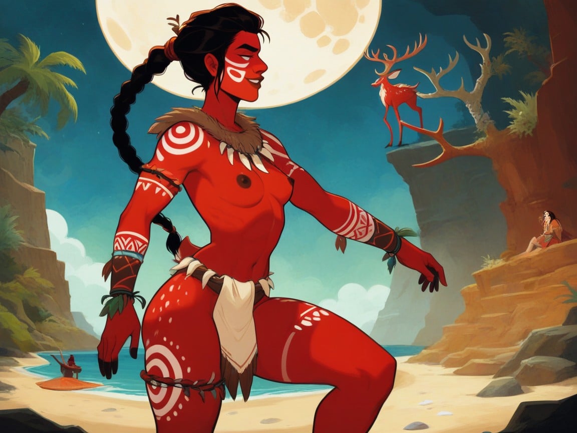 Moon Mist, Braided Ponytail Waist Length Black Hair, Orange Deer Face Paint Hentai AI Porn