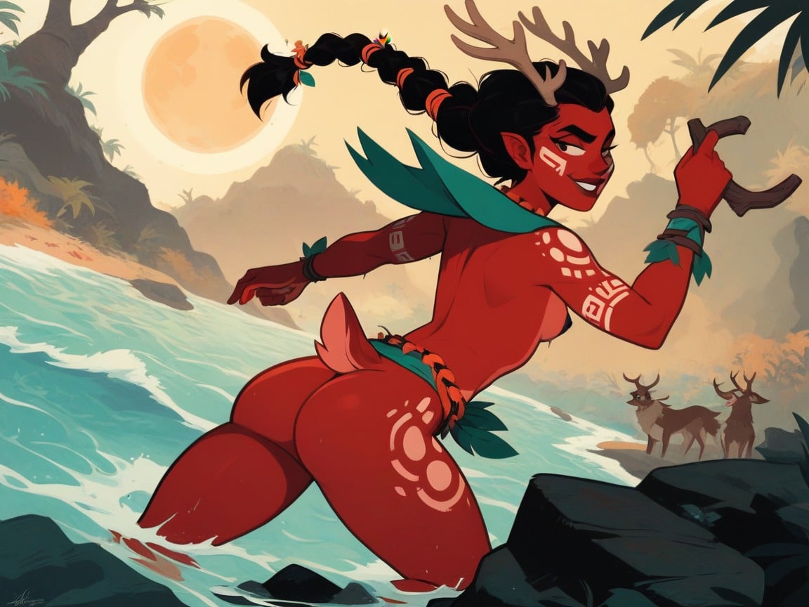 Hourglass Body, Braided Ponytail Waist Length Black Hair, Woman Raising A Conch Horn Hentai AI Porn