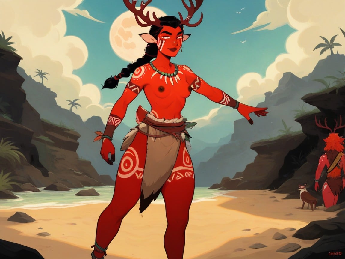 Orange Deer Face Paint, Ponytail, Dark Nipples Hentai AI Porn