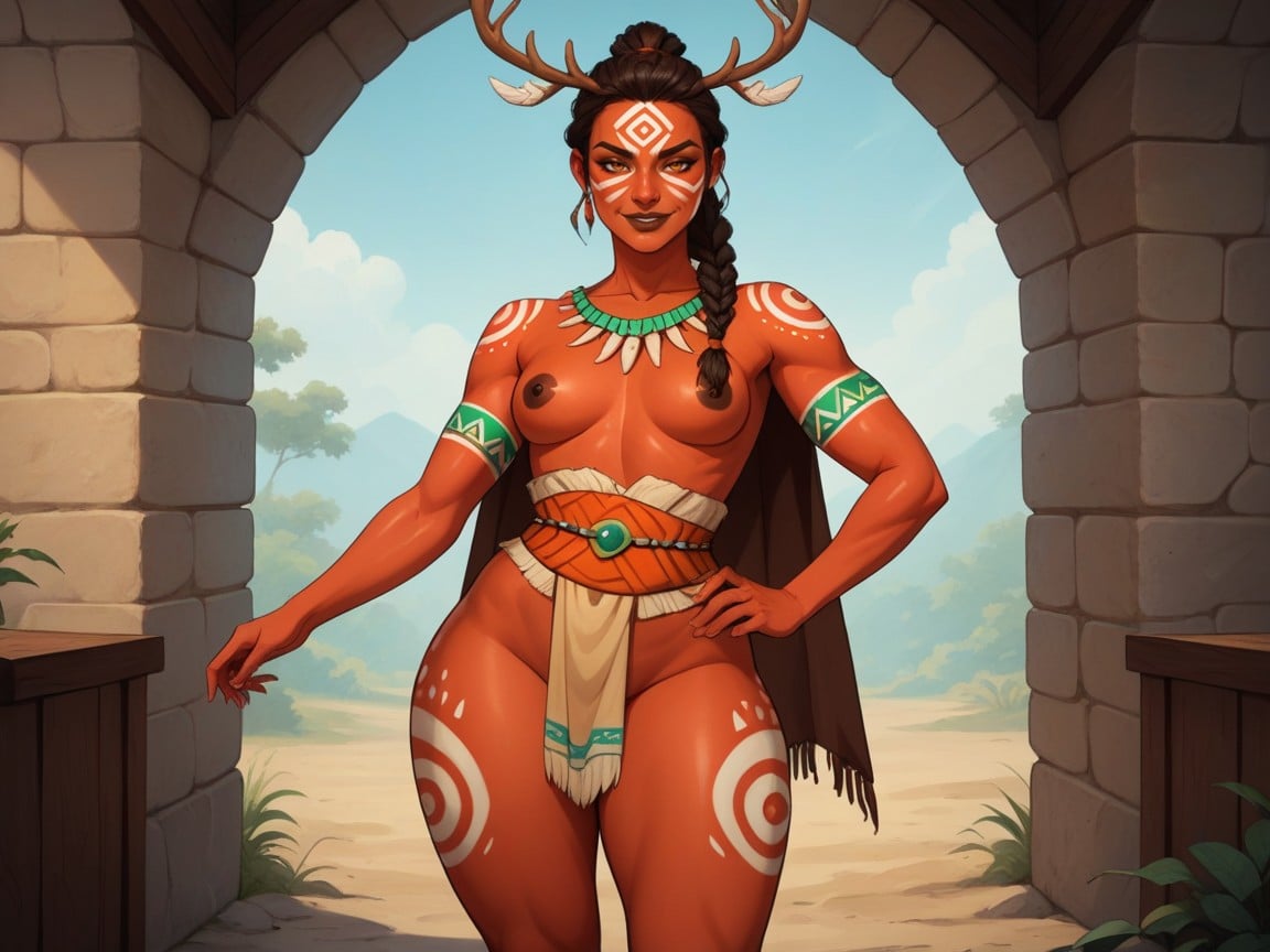 Deer Pelt Cape, Coast Background, Proud Smug Face Latina AI Porn