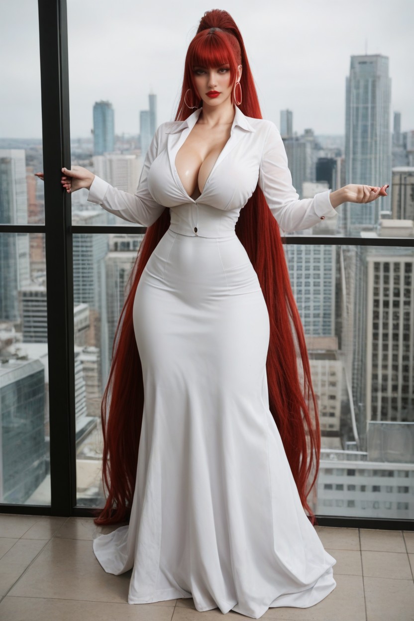 Hyper Long Hairstyle, Standing On Top Roof Viewing City, Massive Ponytail AI Porn