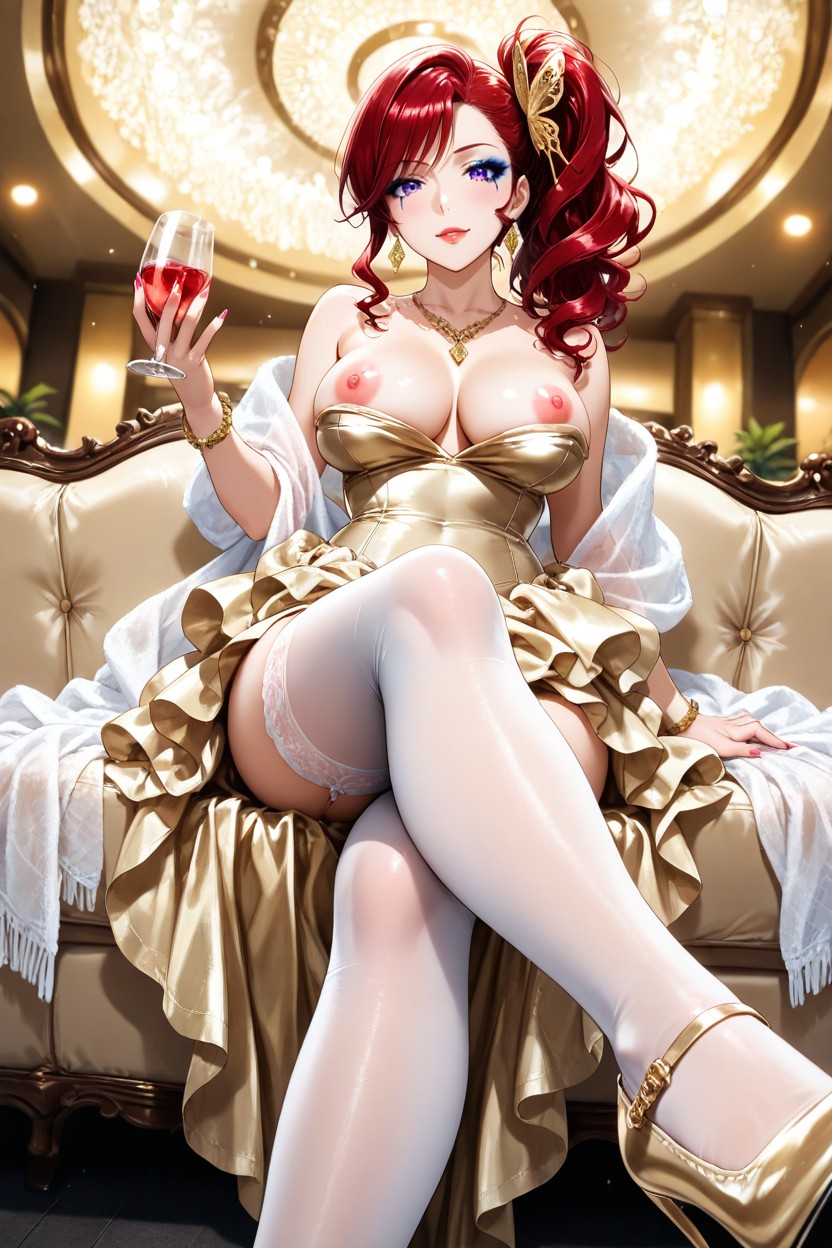 Animation Art Style, Wispy Bangs, Sitting On Sofa Hentai AI Porn