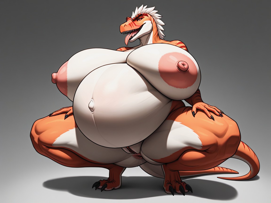 Breasts On Belly, Large Belly, Squatting Furry AI Porn