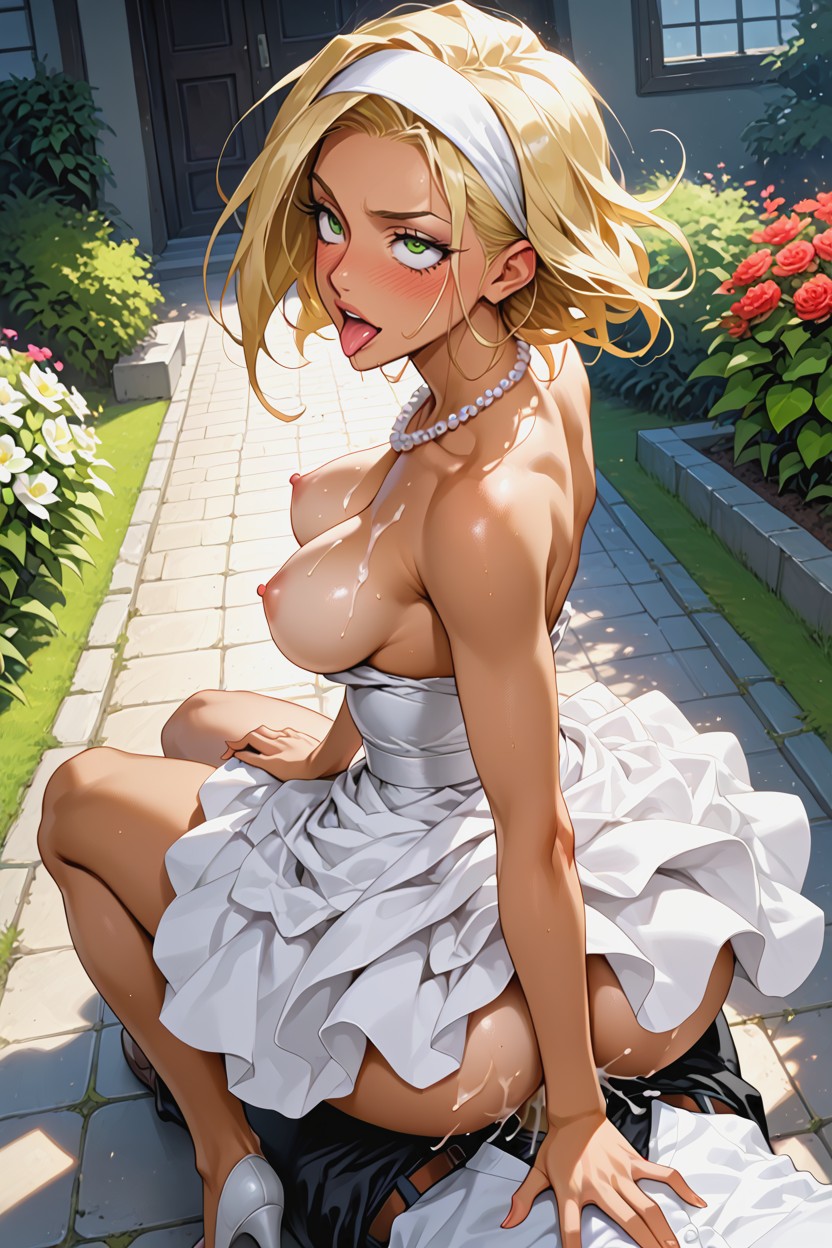 Housewife Dress A Fitted Top With A Cinched Waist Wide White Belt, Walking On A Garden Pathway, Inviting AI Porn