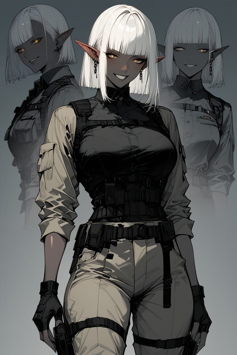 Handgun Holstered, Black Skin, Bangs Hentai AI Porn