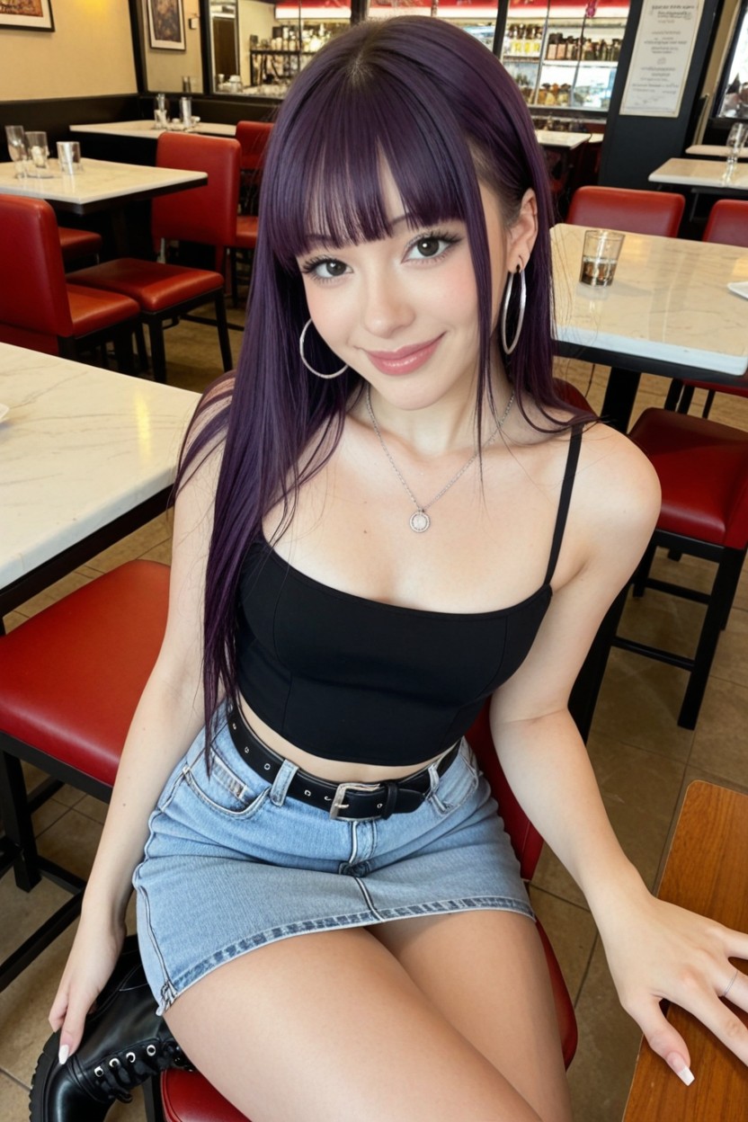 Fringe Bangs, Skirt, Sitting Inside A Restaurant AI Porn