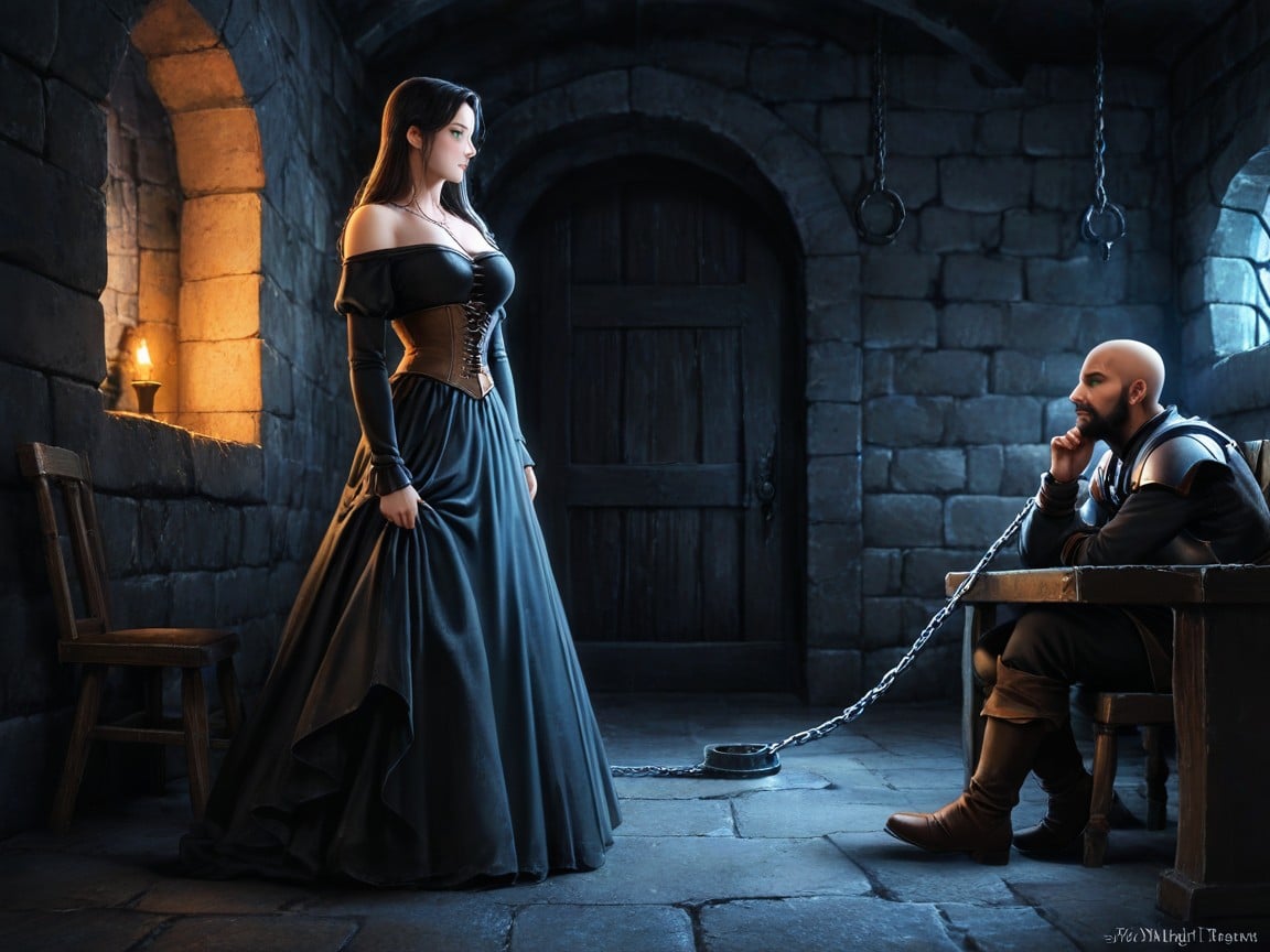 Looking At Woman With Desire, He Is Sitting Chained To A Chair, Body And Face Bruished Hentai AI Porn