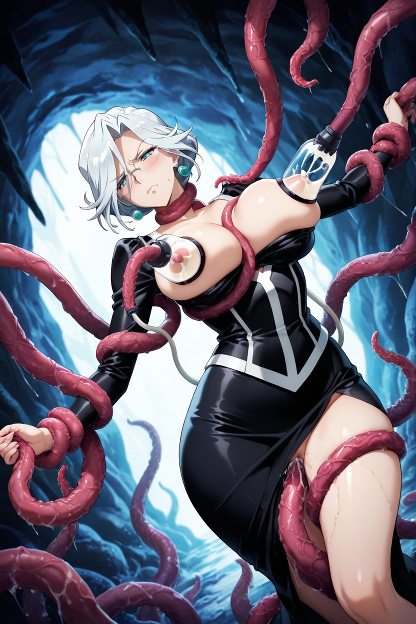 Angry, Tentacle Milking Breast, Long Flowing Black Ribbons On The Back Hentai AI Porn