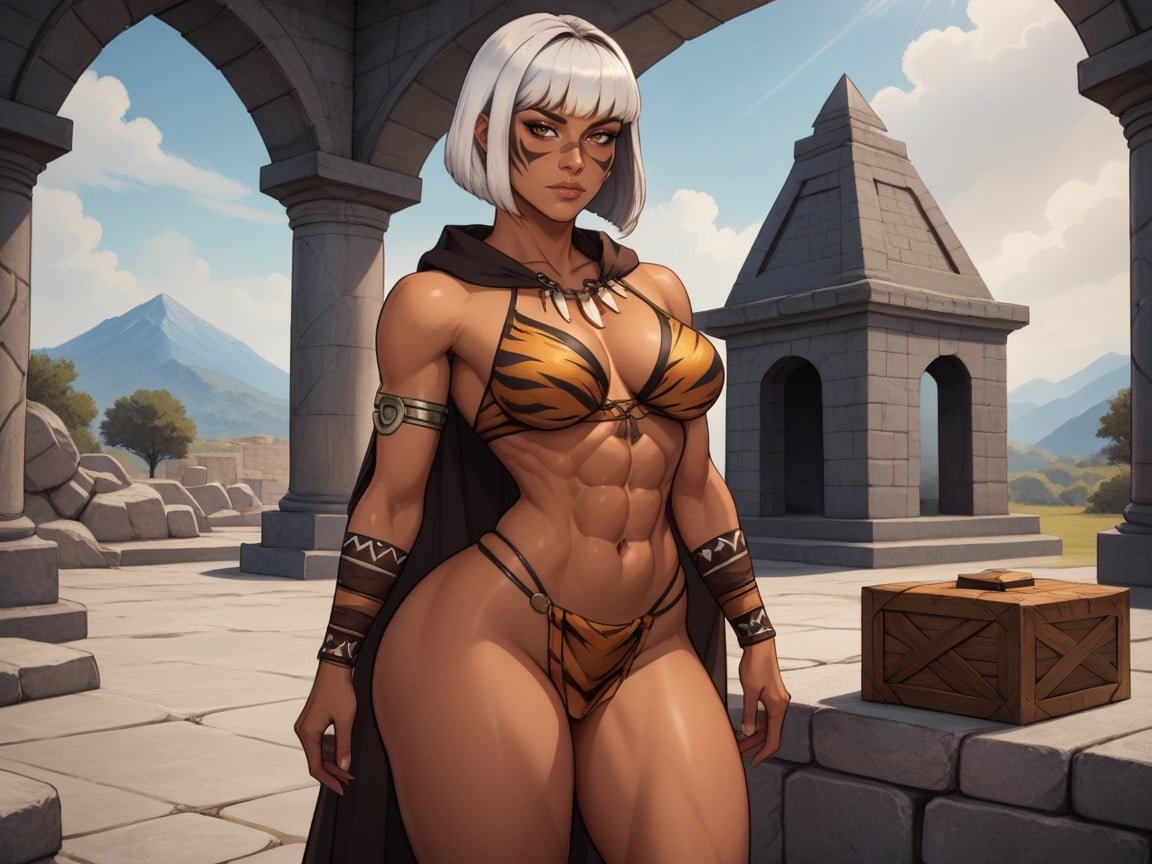 Brown Eyes, Silver Tiger Print Work Wrap, Black Bobcut Hair With Silver Highlights Porno latina IA