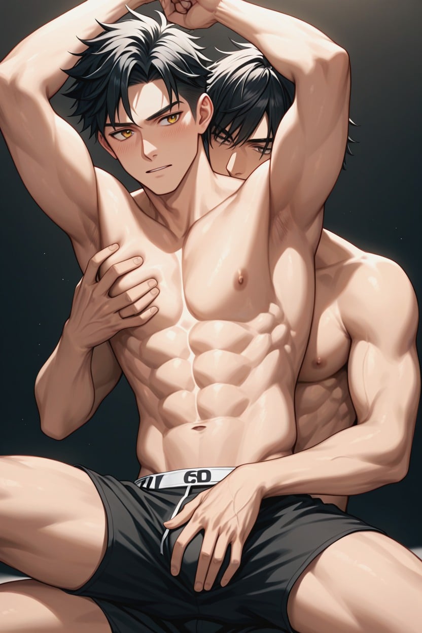 Naked On Top, Lewd Expression, One Hand Groping AI Gay Porn