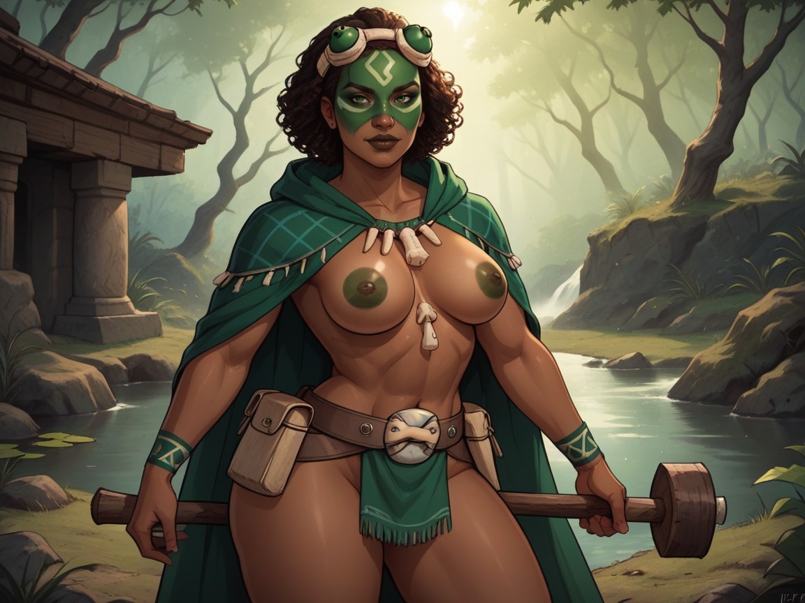 Bokeh, Swamp Location, Black Curly Hair With Green Ribbon Latina AI Porn