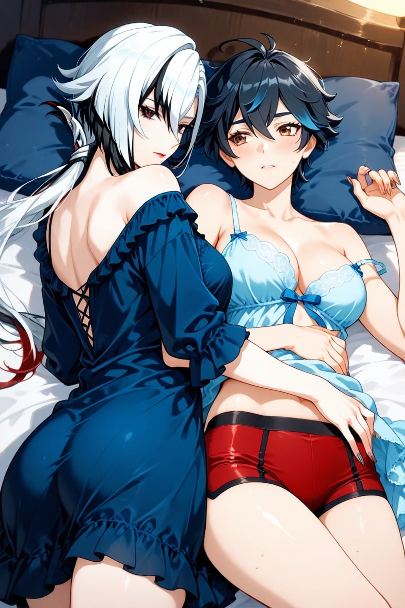 Wearing A Loose Dark Blue Shirt, Fair Skin, Cama Hentai IA