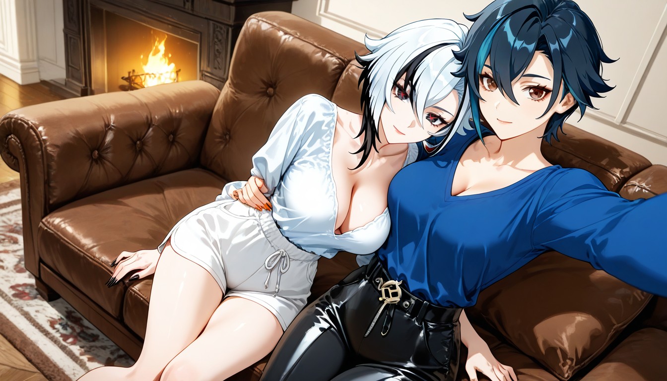 Wearing Mens White Sweatpants, Waist, Black Hair With Blue Tips Hentai AI Porn