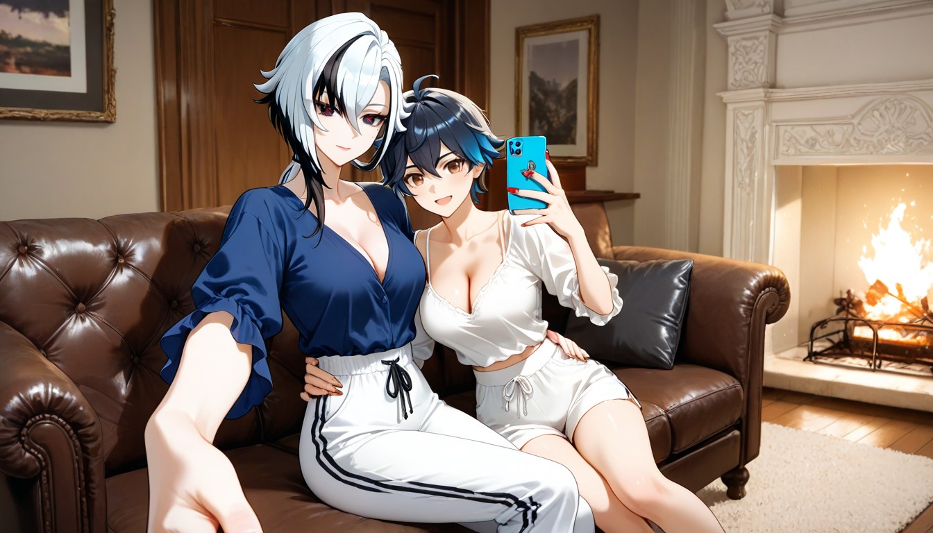 Wearing A Loose Dark Blue Shirt, Arlecchino Sitting On The Tomboys Lap, Waist Hentai AI Porn