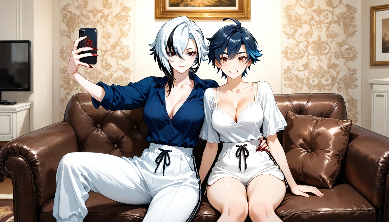 Brown Rug, Couch, Arlecchino Sitting On The Tomboys Lap Hentai AI Porn