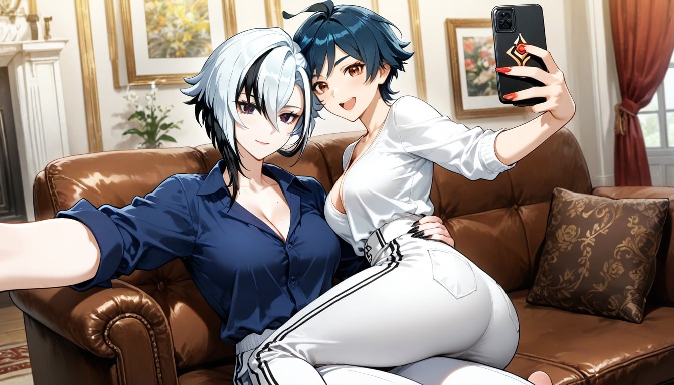 Black Hair With Blue Tips, Arlecchino Sitting On The Tomboys Lap, Hair Hentai IA