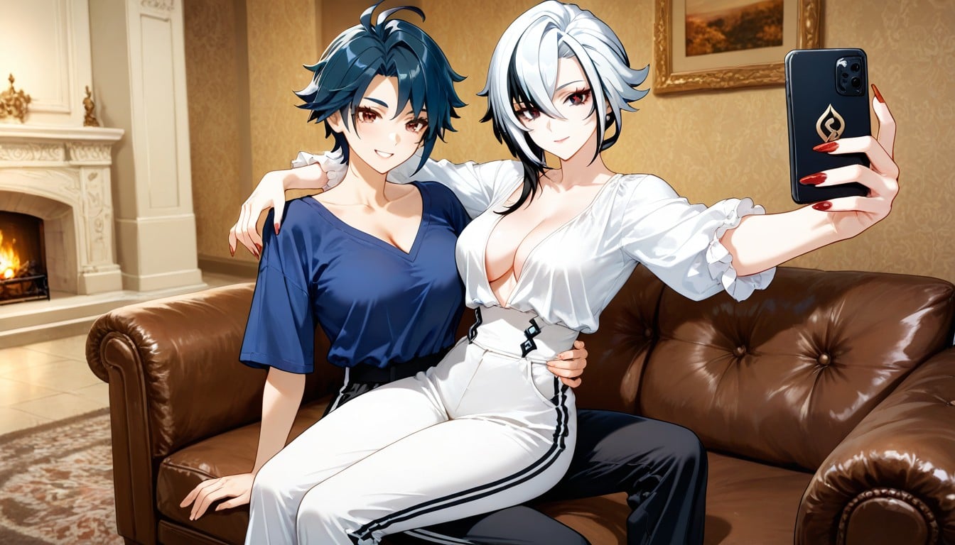 Arlecchino From Genshin Impact, Hair, White Elegant Blouse With A Low Neckline Hentai IA