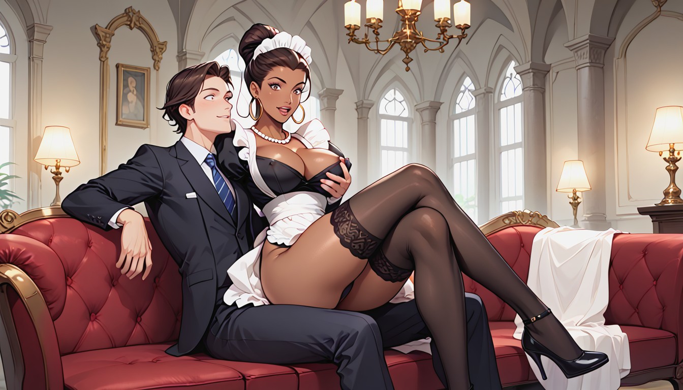 Pearl Necklace, Maid Apron, Black Nylon Stockings AI Porn