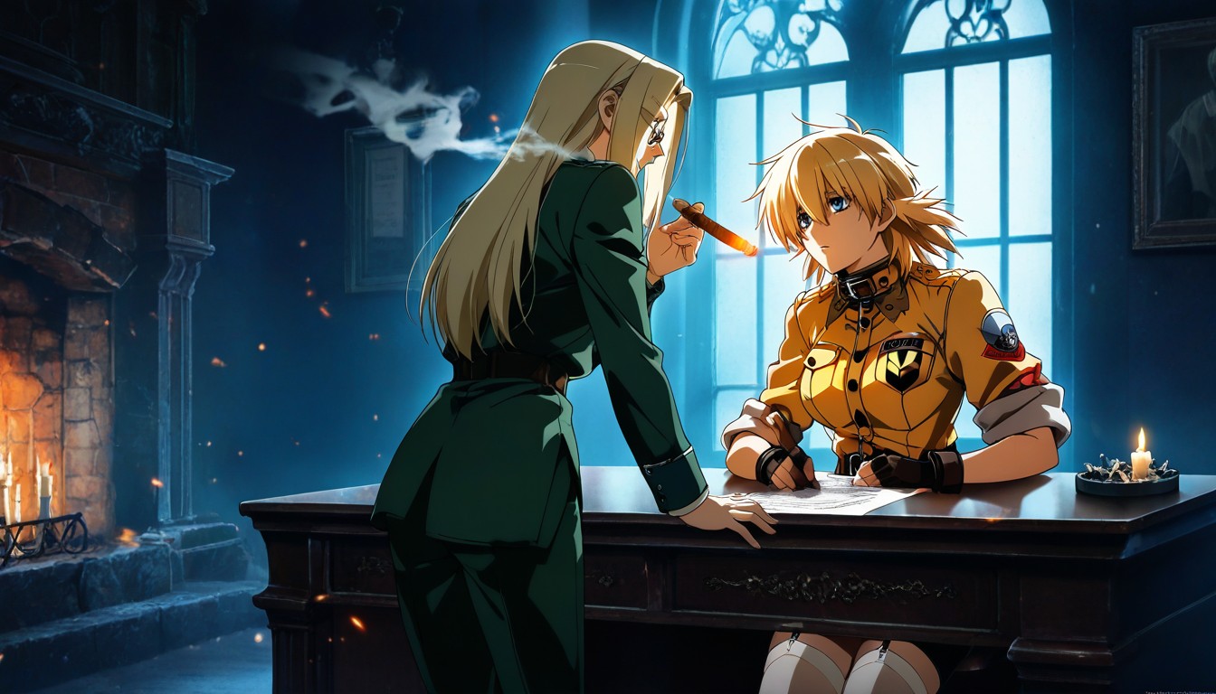 Glasses, Seras Victoria Standing At Attention, Cinematic Moonlight And Candle Glow Hentai AI Porn