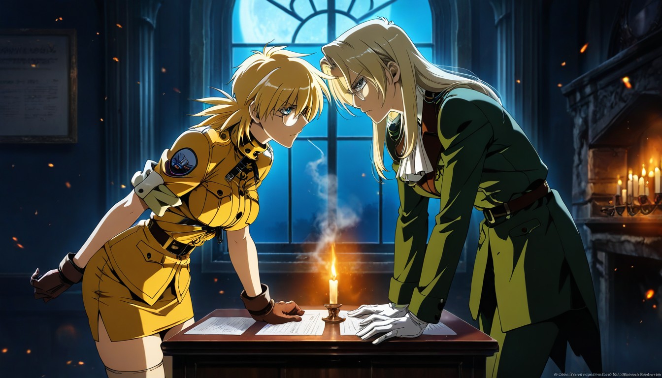 25+, Moonlight Shining Through Gothic Window, Yellow Cropped Uniform And Long White Stockings Hentai AI Porn