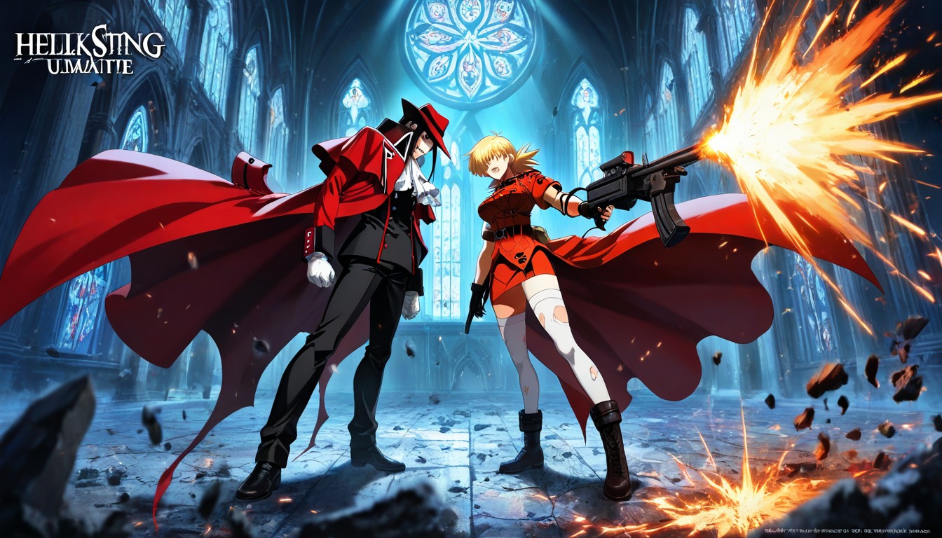 Mist In Air, Jet Black Hair With Long Bangs Over Red Eyes, Seras Victoria Aiming Her Massive Anti Tank Rifle Hentai AI Porn