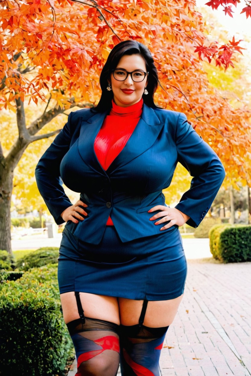 Fully Clothed, Japanese, Bright Red Lips BBW AI Porn
