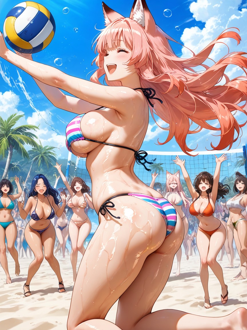 Windy Hair, Happy, Multiple Sexy Women Hentai AI Porn