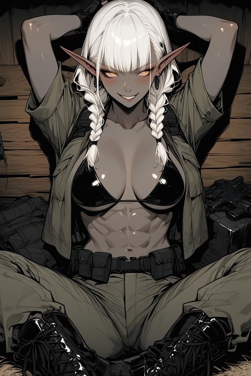 Wood Cabin, Olive Tied Bikini Top, White Hair Hentai AI Porn