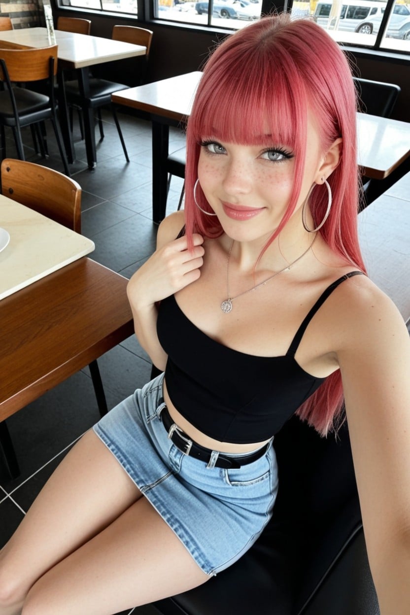 Necklace, Sitting Inside A Restaurant, Blunt Bangs AI Porn