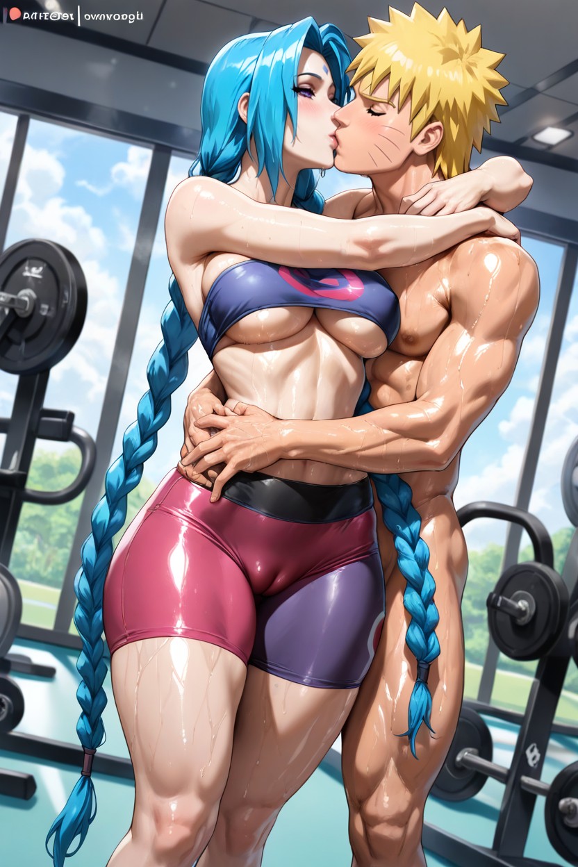 Natural Breasts, Strapless String Top, Yoga Shorts Hentai AI Porn