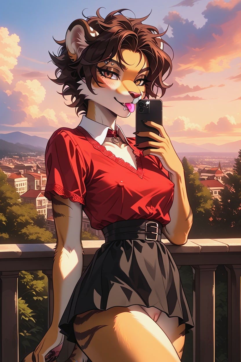 Female Tiger, Red Blouse, Thick Thighs Furry AI Porn