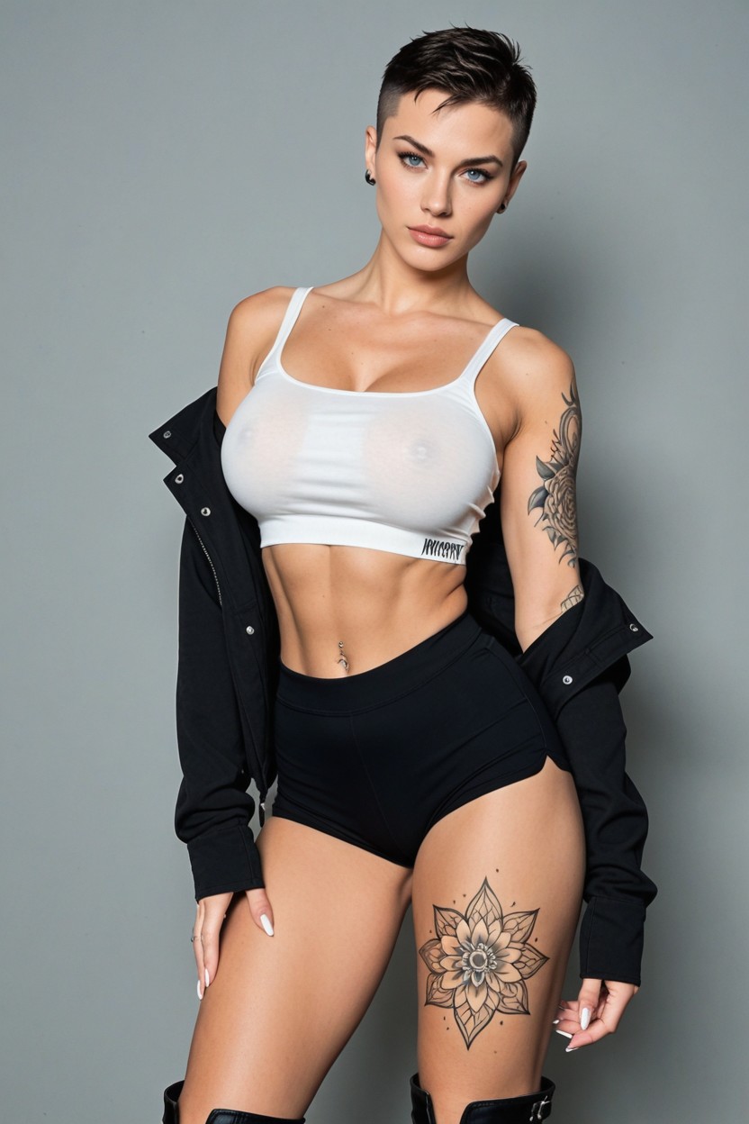 Skinny, Black Undercut Tomboy Pixie Hair, Plain Grey Background AI Porn