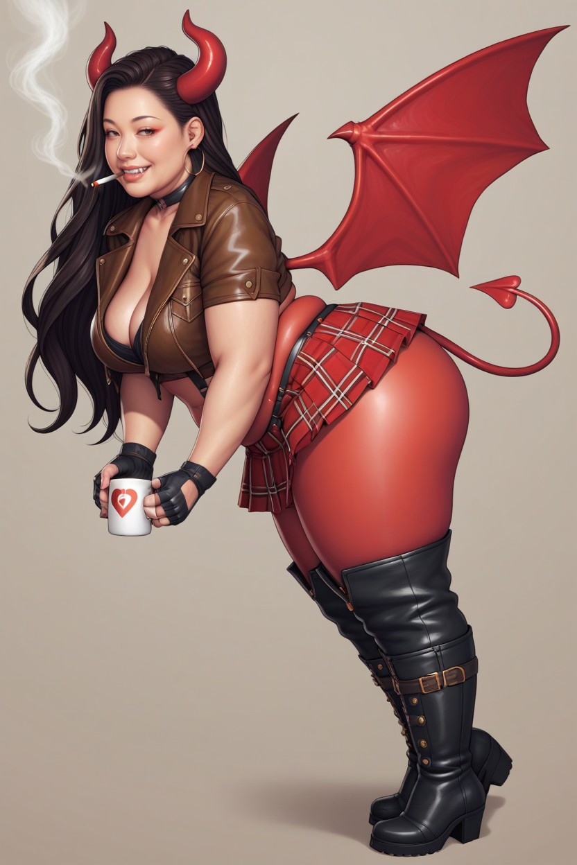 Medium Breasts, Red Devil Horns, Chubby Round Face With Big Cheeks BBW AI Porn