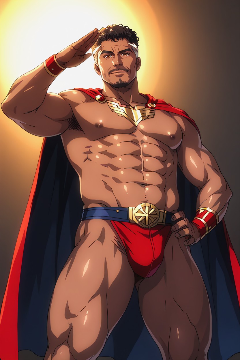 With A Bright Sunlit Sky Or City Backdrop Style Anime Illustration, Superhero, Hands On Hips AI Gay Porn