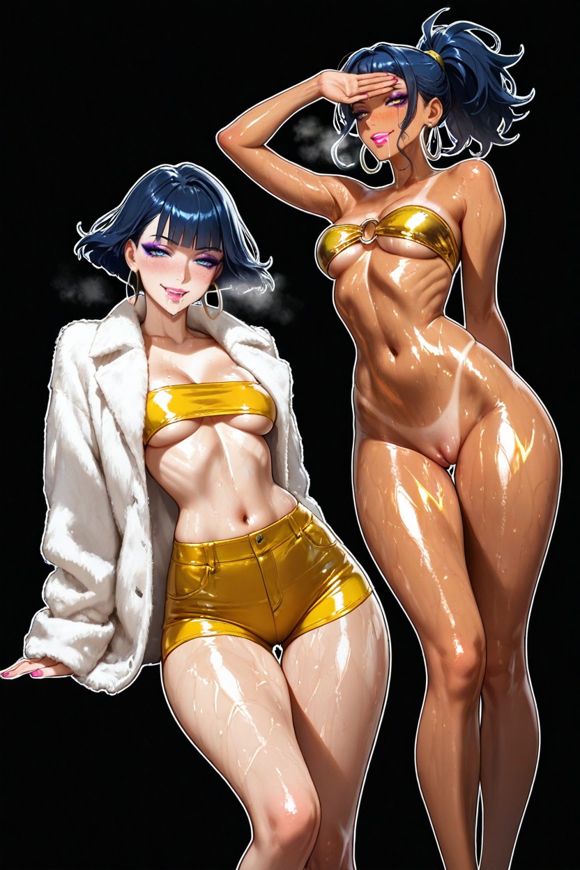 Blue Thick Eye Makeup, Straight Bangs Slightly Covering Forehead, High Cheekbones Hentai AI Porn