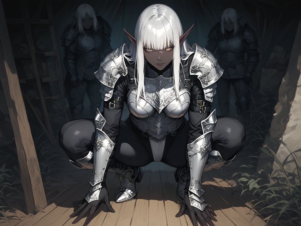 Long Bangs, Long Elf Ears With Earrings, Detailed Silver Armor Legs With Black Details Hentai AI Porn