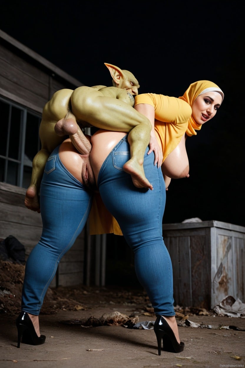 Full Body View Of Woman, Gremlin Monster, Focus On Hijab Woman Deep Anal Penetration Full Nelson With Half Size Gremlin AI Porn