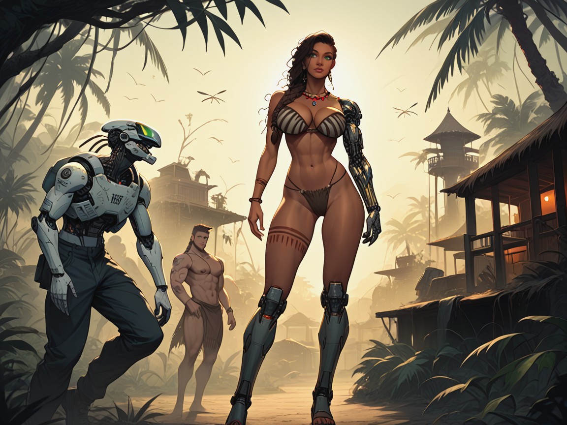 Men And Women In Tribal Wear And Robotic Armor, Long Less, Braided Messy Hair AI Porn