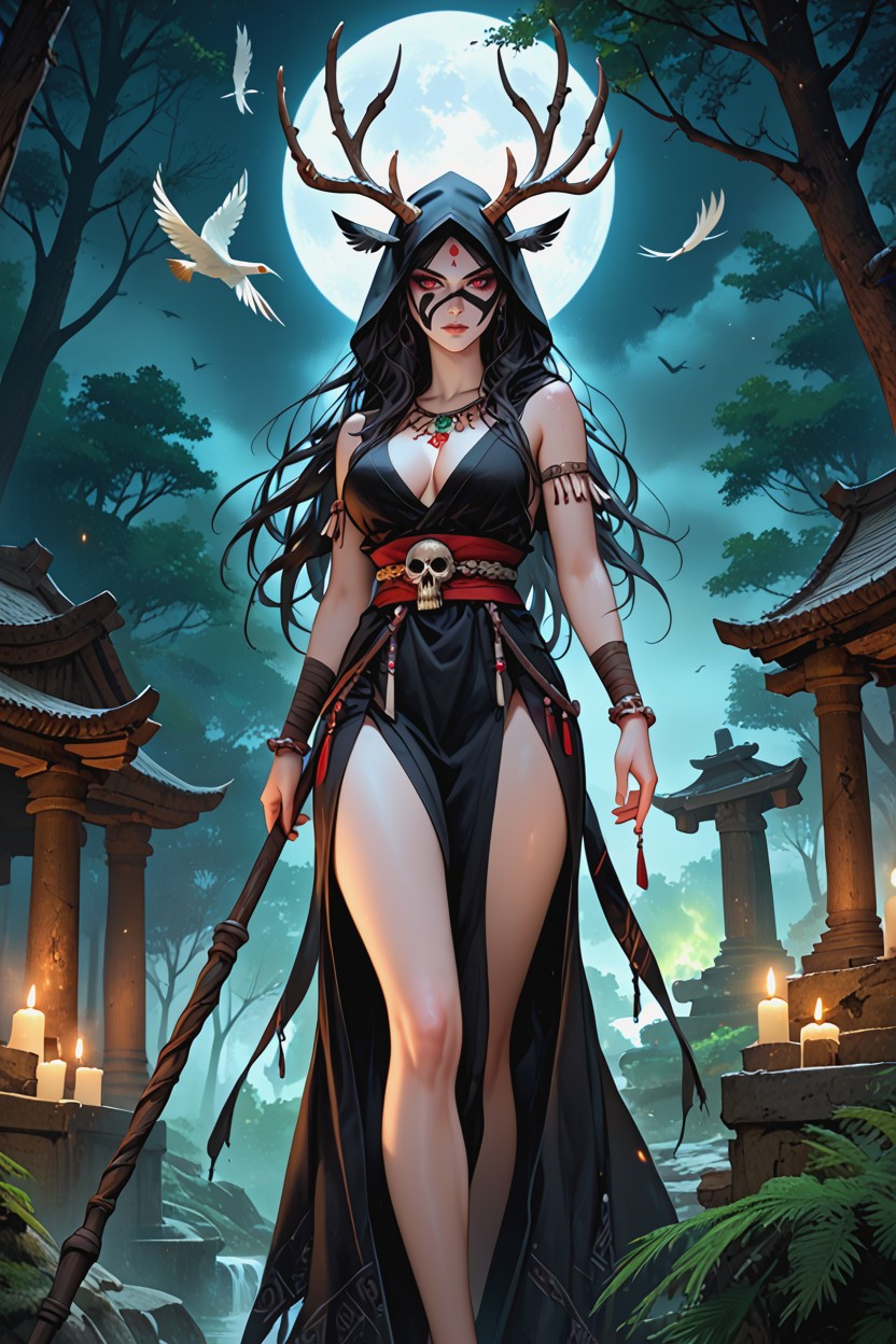Black Cloth Dual Slit Skirt Bottom Made Of Furs And Feathers, Light Clouds And Fog, Stone Pillars With Runic Symbols Hentai AI Porn