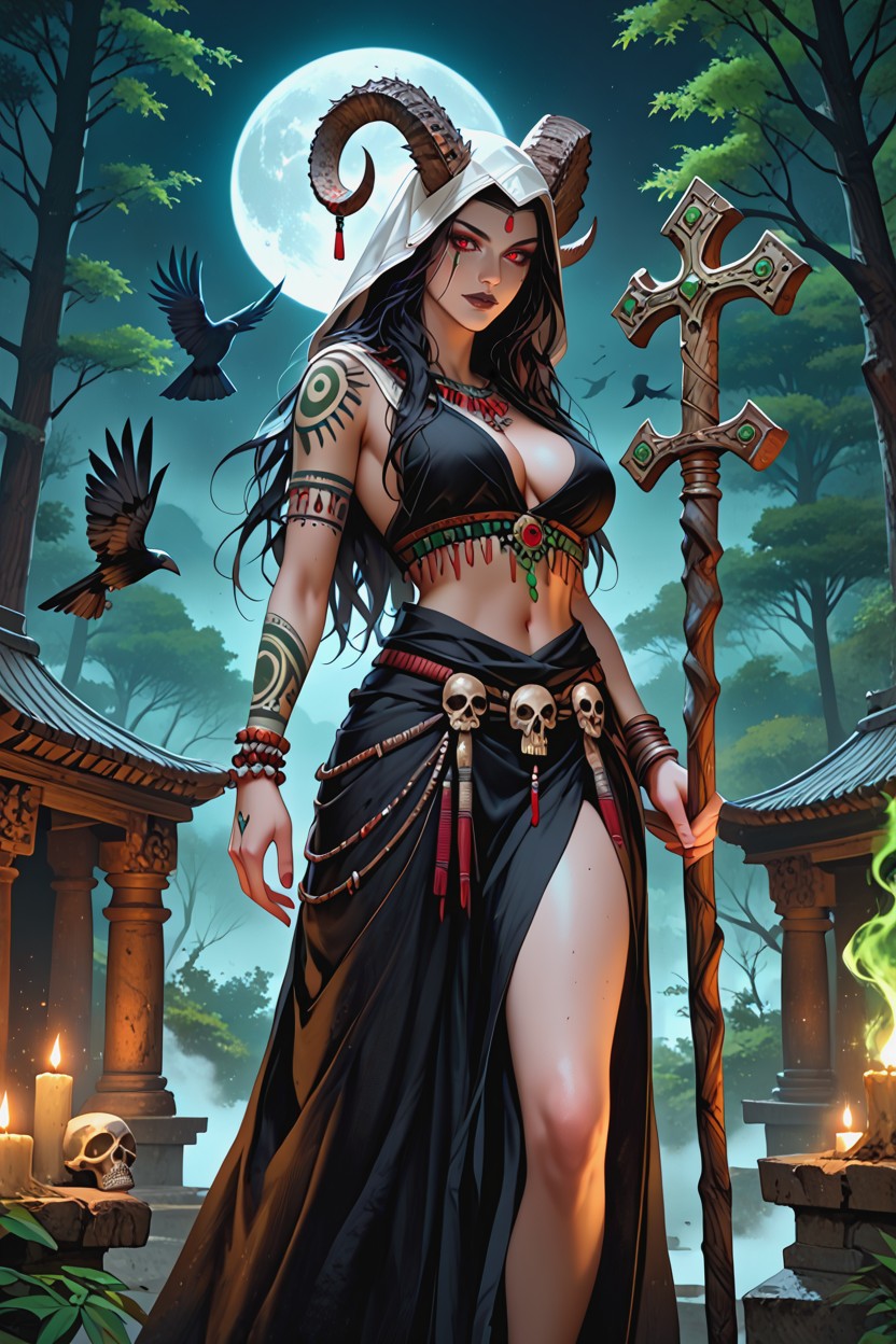She Stands At A Stone Basin Filled With A Dark Liquid, Waist Shot, Light Clouds And Fog Hentai AI Porn