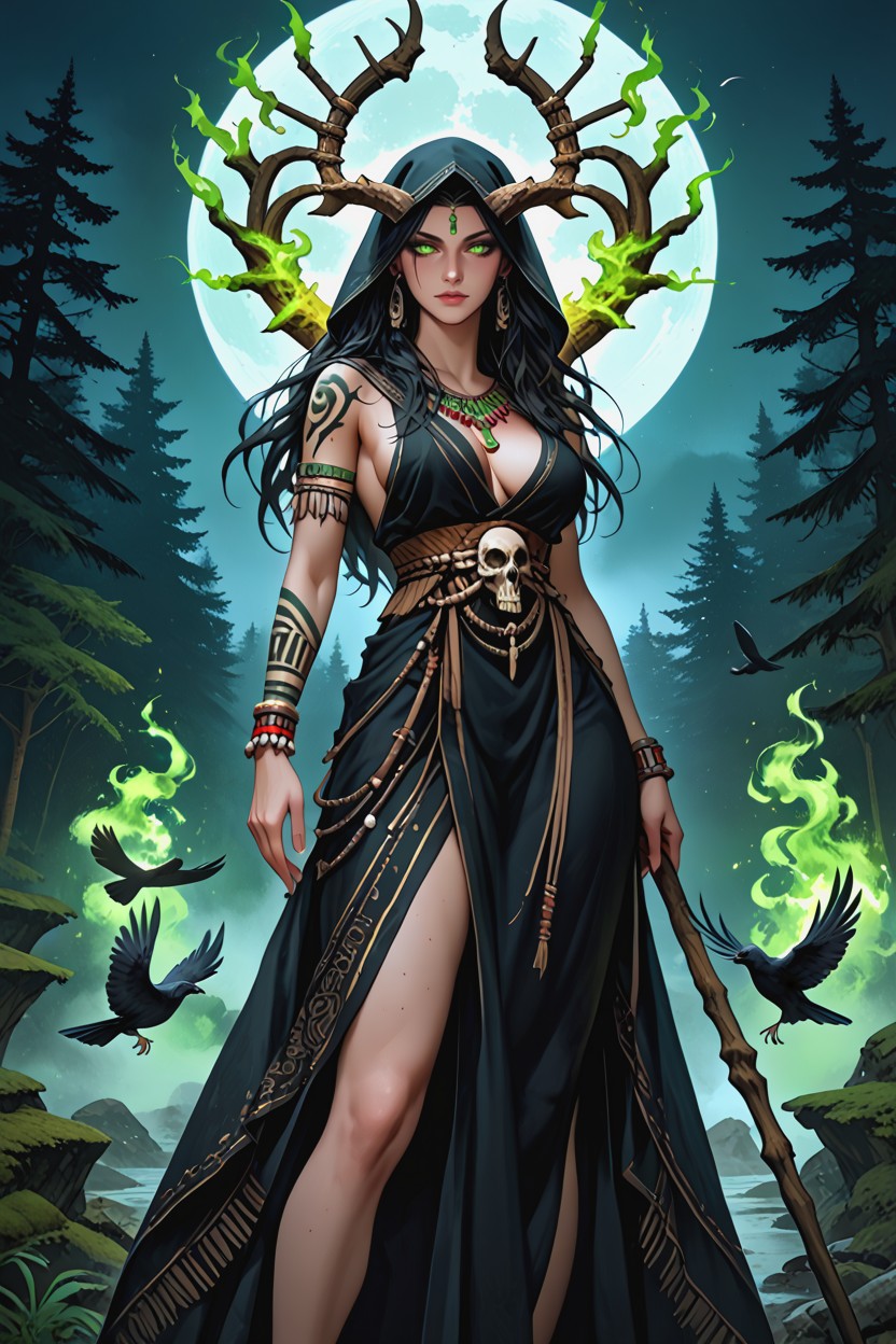 Night, Holding Wooden Staff With Large Bird Skull And Feathers, Natural Breasts Hentai AI Porn