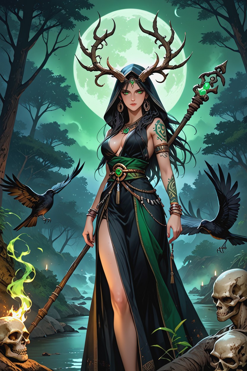 Many Ravens And Black Birds Perched In Trees In Background, Heavy Ancient Forest Clearing, Deep Green Eyes Hentai AI Porn