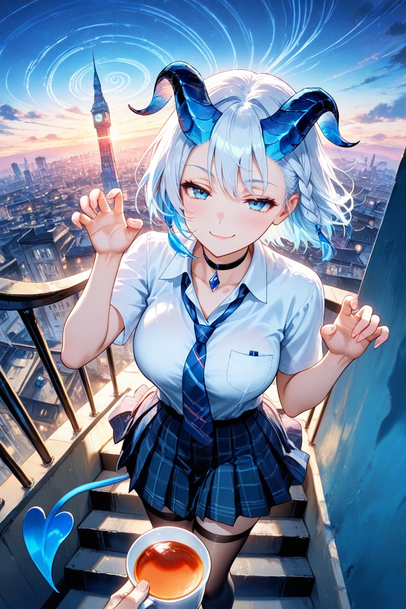 Hair Flutters In The Wind, Blue Tower, White Hair Hentai AI Porn