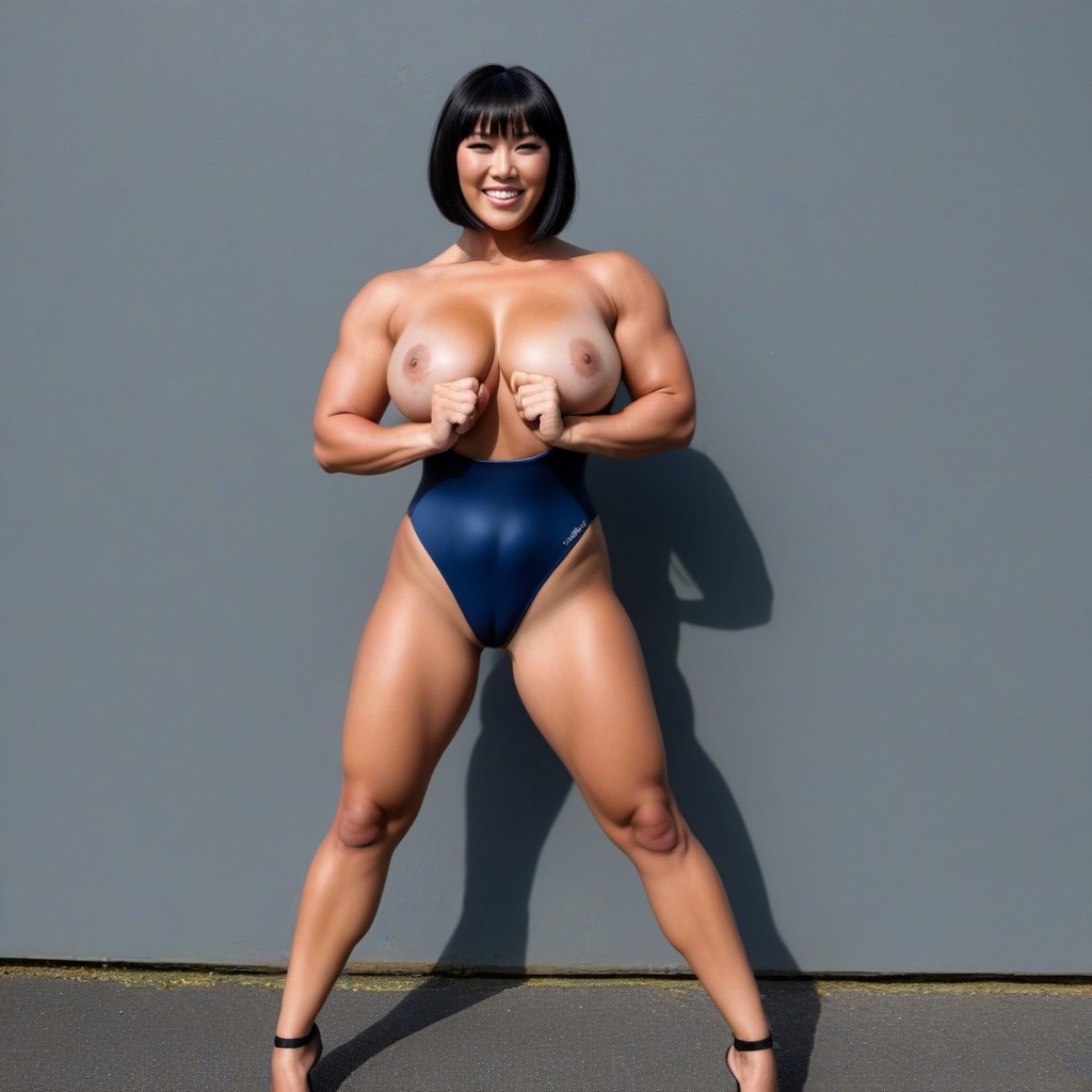 Muscular Female Japanese Bodybuilder, Resolution, Slightly Oiled Up Skin AI Porn