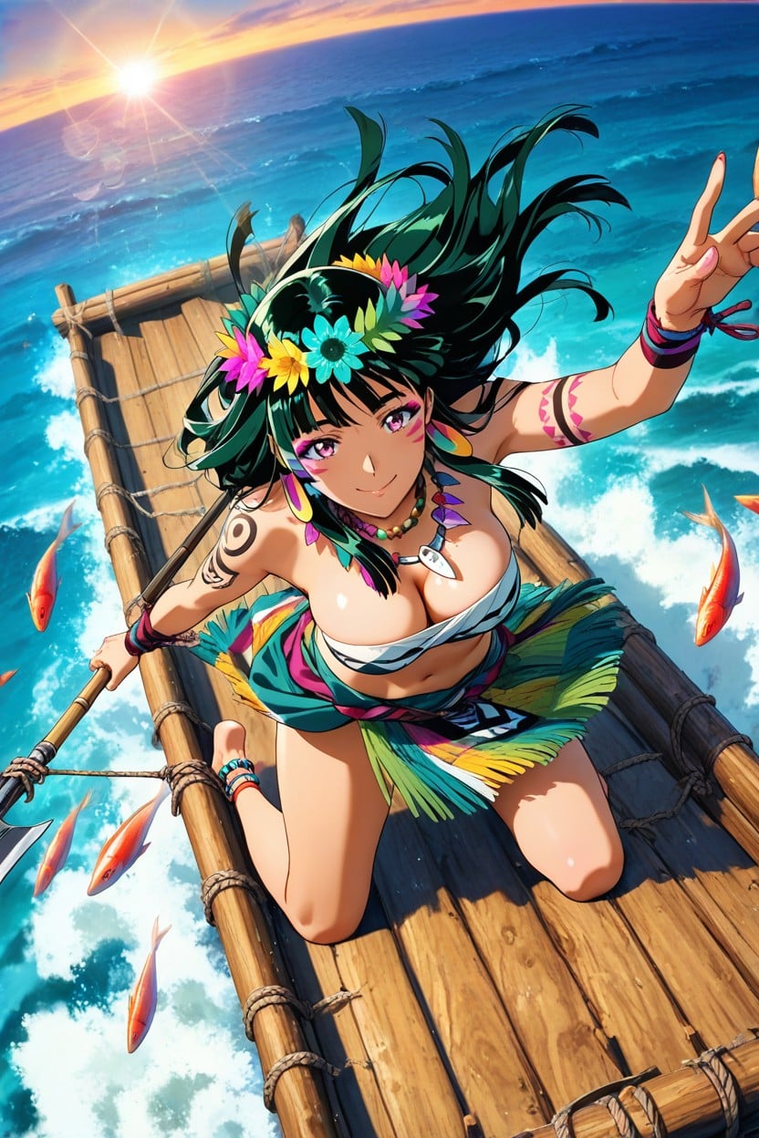 Fishing Spear On One Hand, Maori Shaman Outfit, Colorful Maori Wristbands Hentai AI Porn