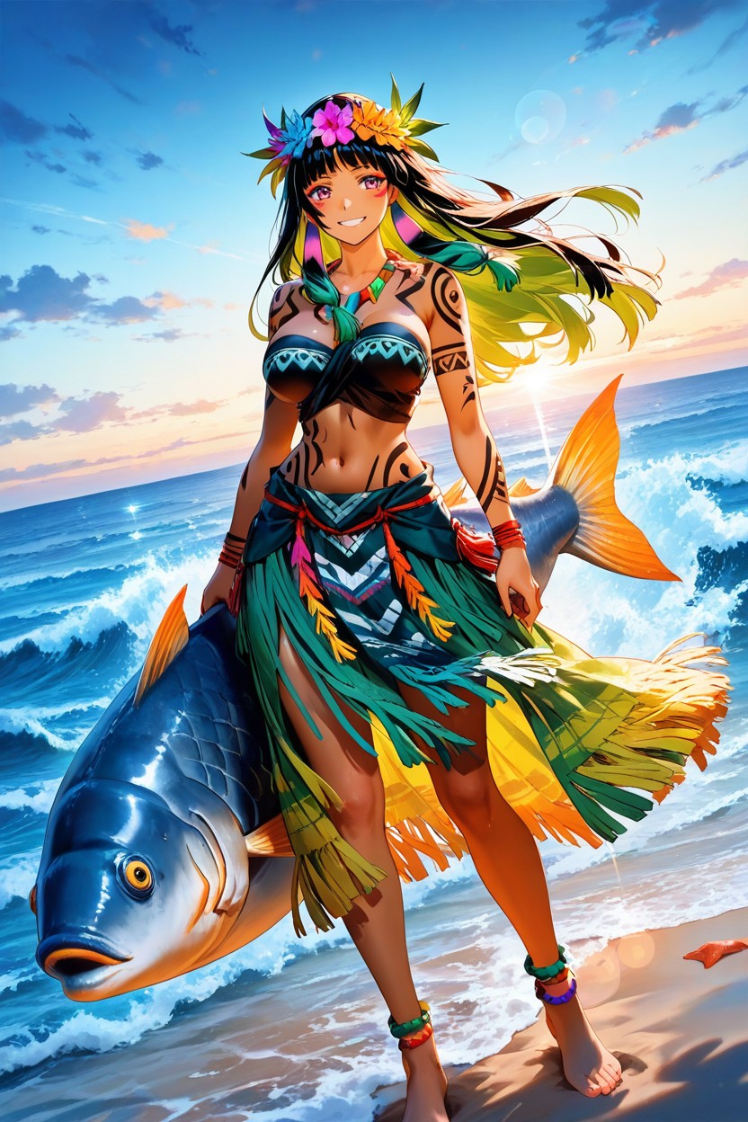 Maori Grass Skirt, Wispy Bangs, Polynesian Hentai AI Porn